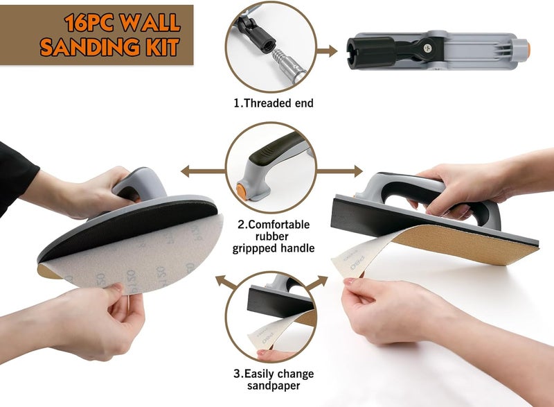 Rolling Dog Drywall Hand Sander - Radial Rectangular Sander with Threaded Extension Pole Adapter for Added Reach,Use for Wood,Metal Cleaning and Polishing(Hook&Loop) - Image 3